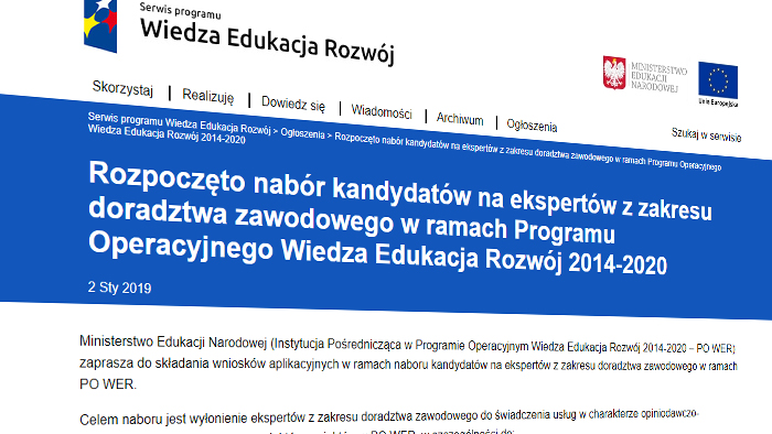 Rozpoczęto nabór kandydatów na&nbsp;ekspertów z&nbsp;zakresu doradztwa zawodowego w&nbsp;ramach Programu Operacyjnego Wiedza Edukacja Rozwój 2014-2020