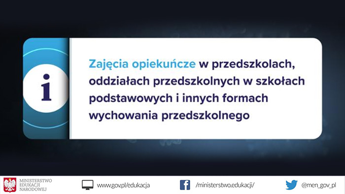 Zajęcia opiekuńcze w&nbsp;przedszkolach, oddziałach przedszkolnych w&nbsp;szkołach podstawowych i&nbsp;innych formach wychowania przedszkolnego