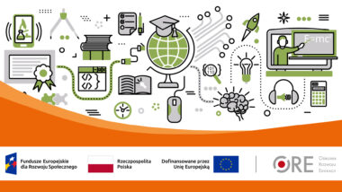 Piktogramy związane z nauką i technologiami, między innymi globus, cyrkiel, książki, żarówka, rakieta kosmiczna, zeszyt. Na dole znajdują się logotypy o treści: Fundusze Europejskie dla Rozwoju Społecznego, Rzeczpospolita Polska, Dofinansowane przez Unię Europejską, Ośrodek Rozwoju Edukacji.